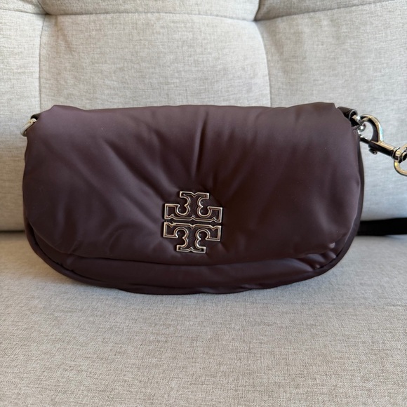 Tory Burch Britten Nylon Adjustable Shoulder Bag in Dark Brown - Picture 1 of 5